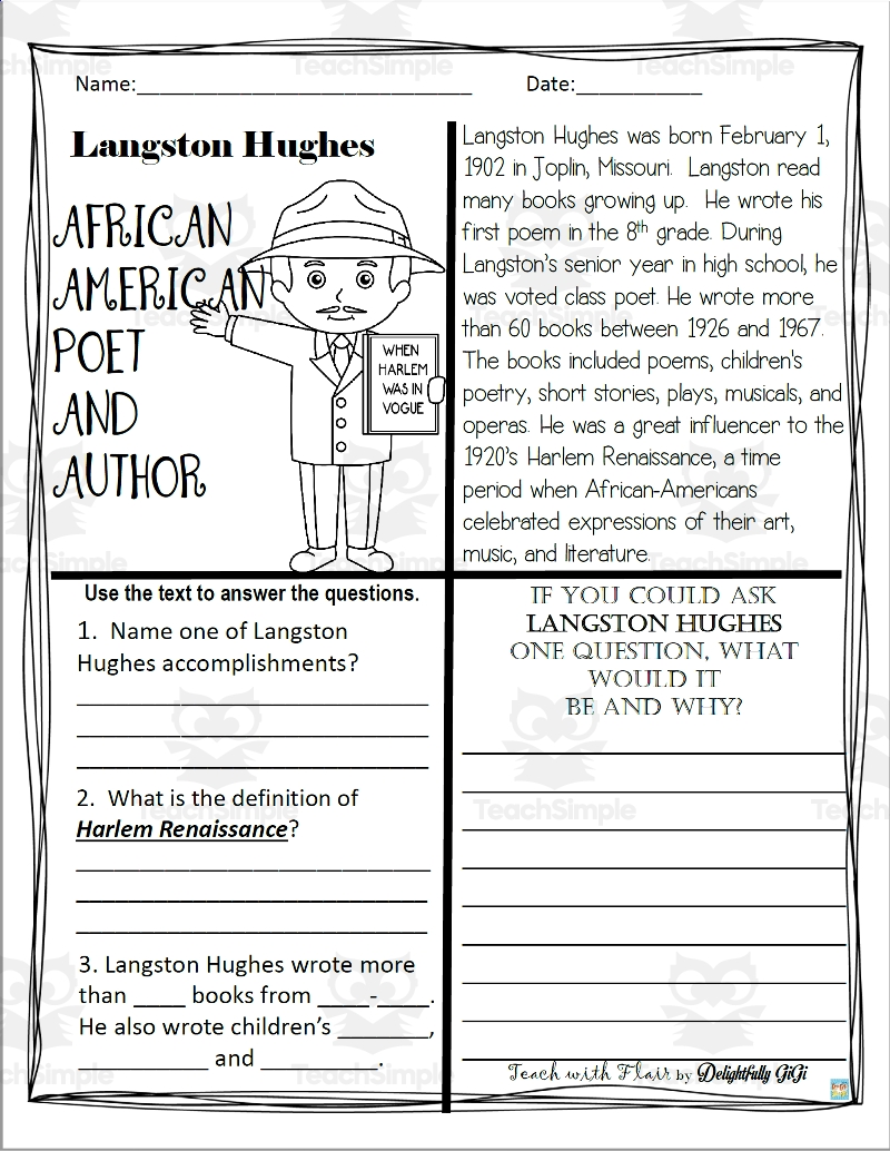Reading Comprehension For Black History Month Langston Hughes 