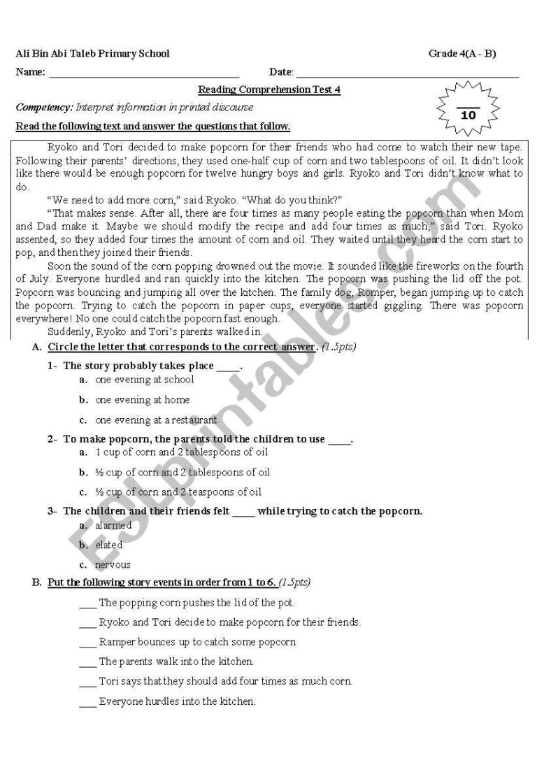 Reading Comprehension For Grade 4 ESL Worksheet By Nanoushka
