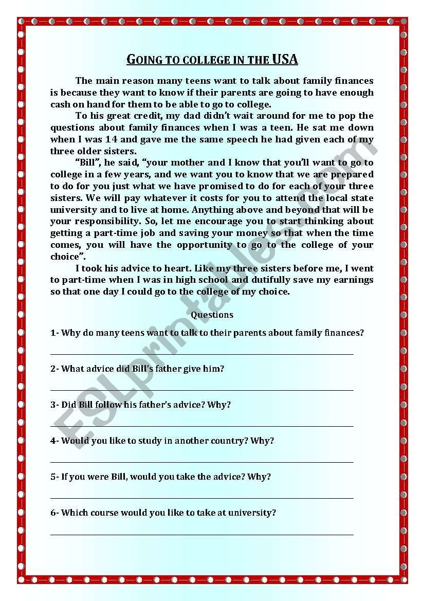 Reading Comprehension Going To College In The USA ESL 