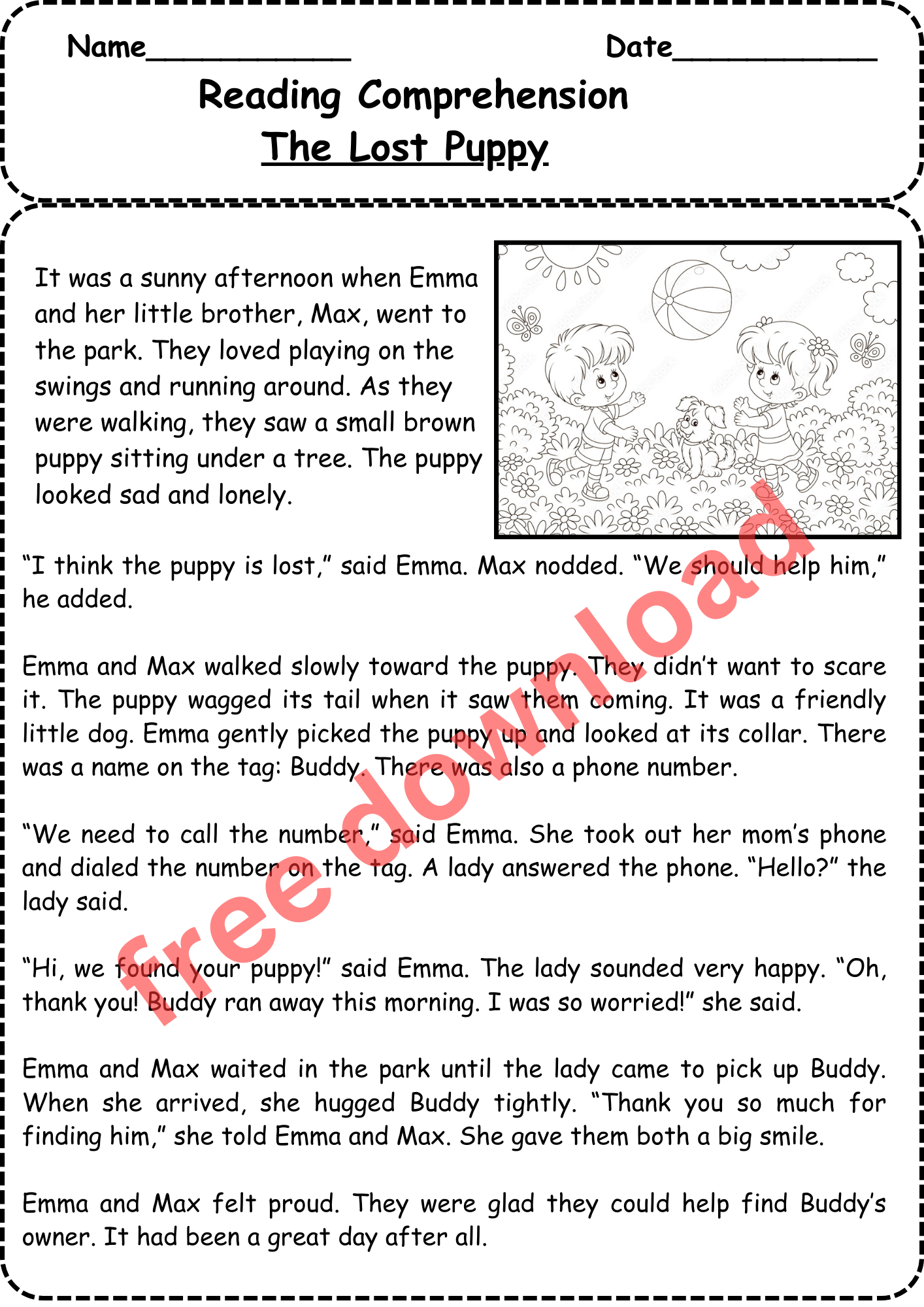 Reading Comprehension Grade 1 Free Worksheet The Lost Puppy With 5 Questions