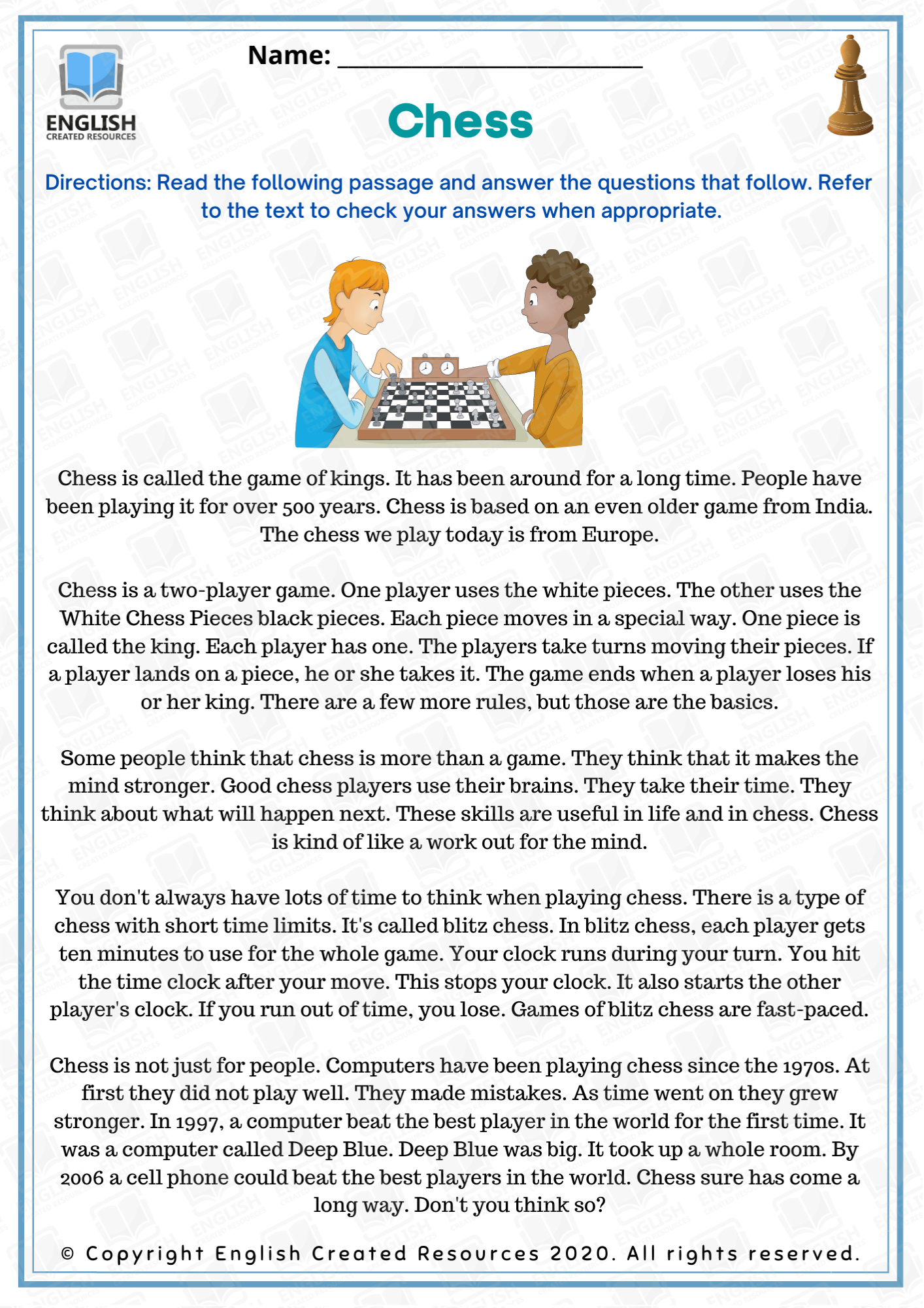 Reading Comprehension Intermediate Level English Created 