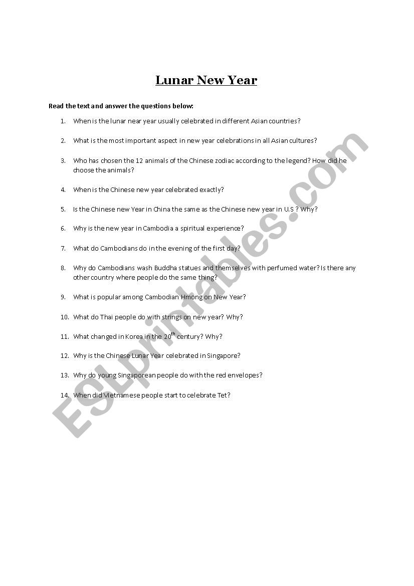 Reading Comprehension Lunar New Year Across Asia ESL Worksheet 