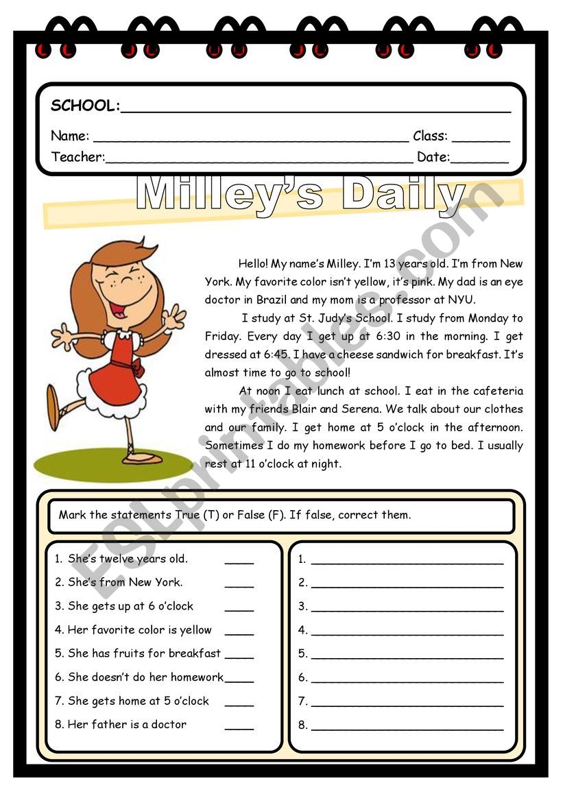 READING COMPREHENSION MILLEY S DAILY ROUTINE ESL Worksheet By Worksheets Library