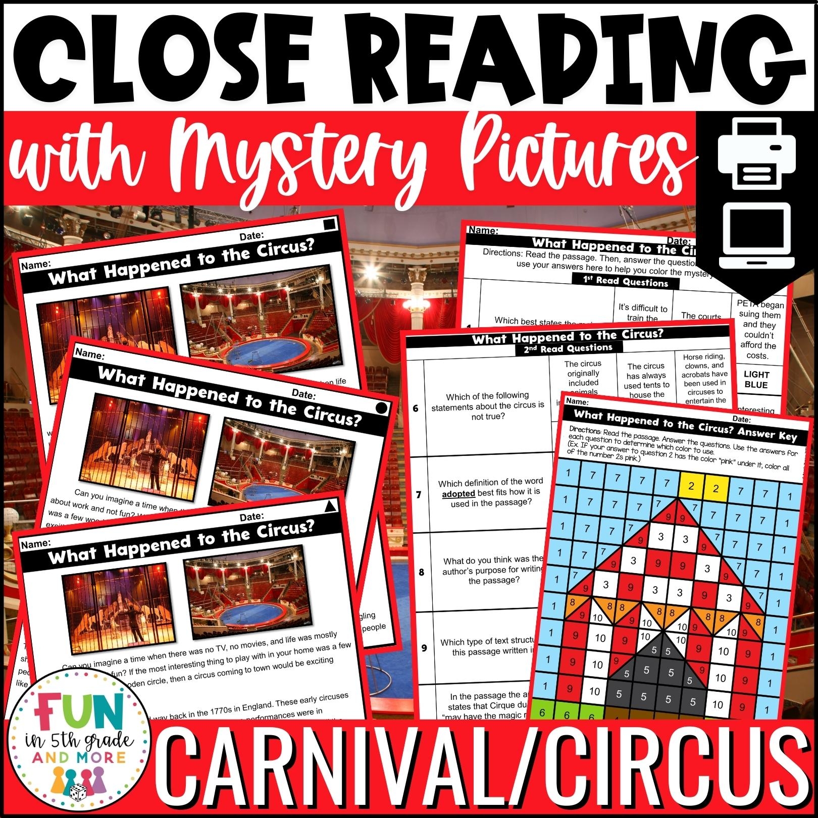 Reading Comprehension Passages With Mystery Pictures Carnival And Circus Themed Fun In 5th Grade U0026 MORE