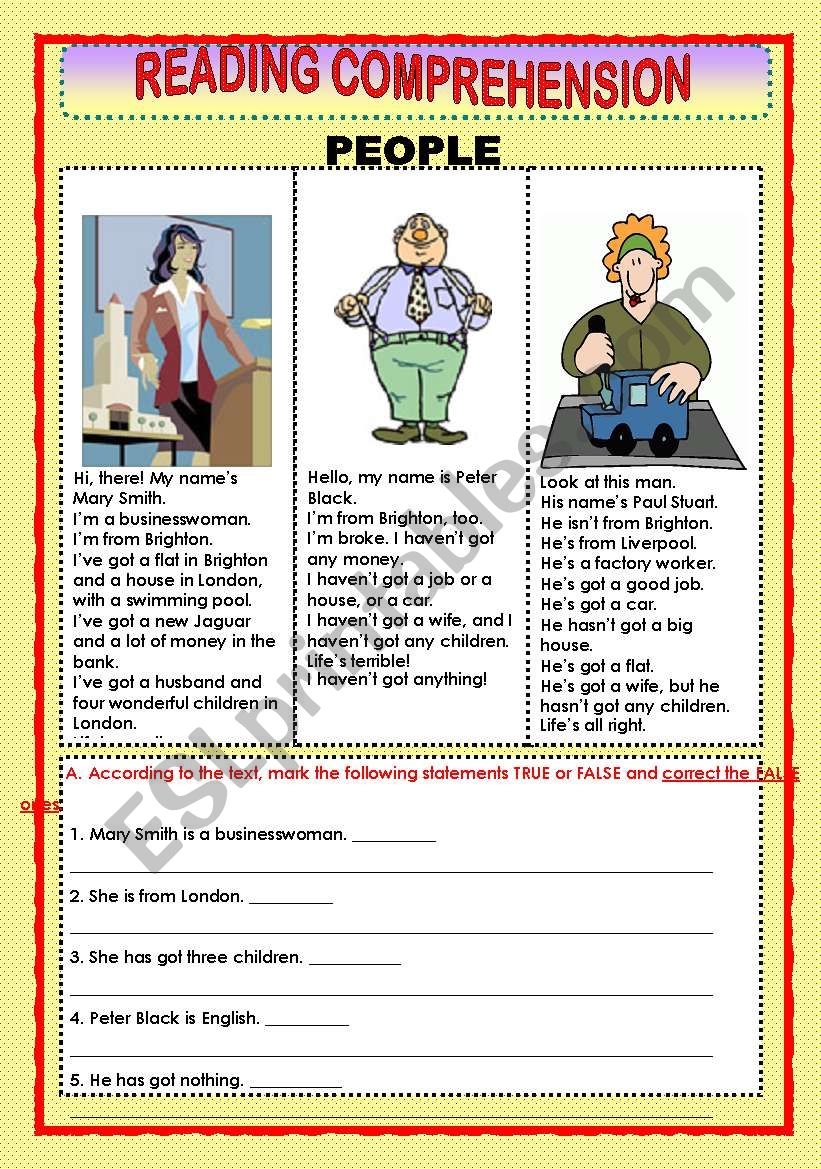 READING COMPREHENSION PEOPLE ESL Worksheet By Macomabi
