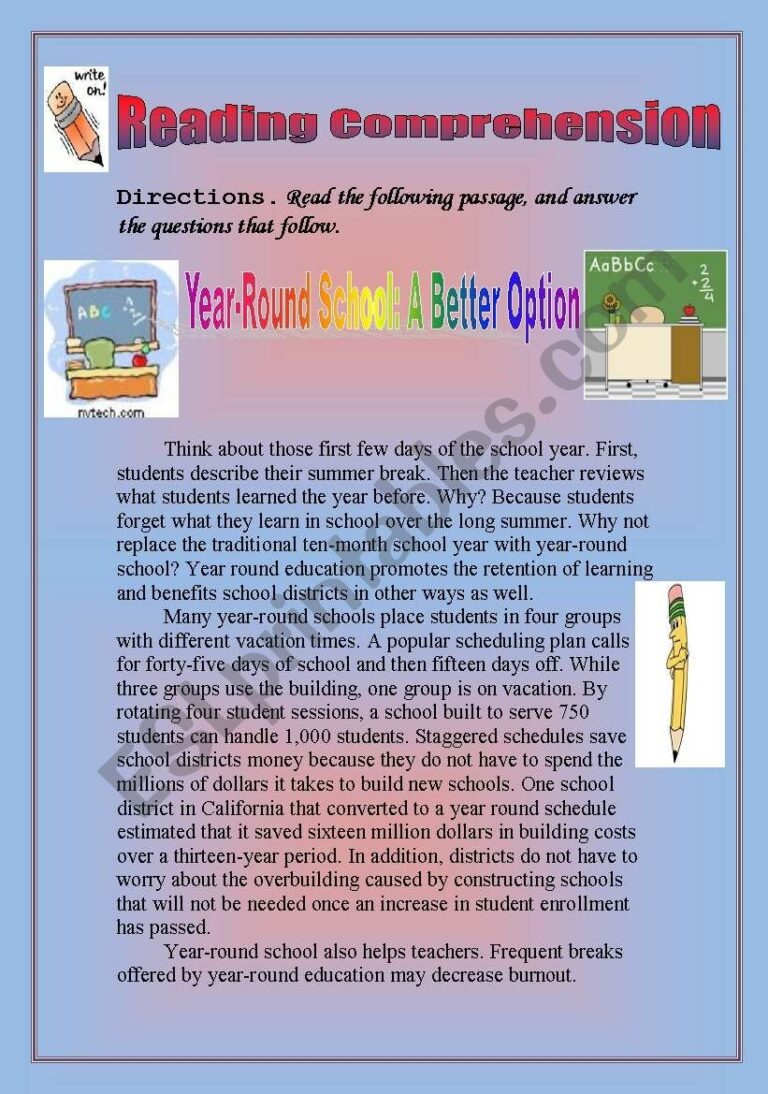 Reading Comprehension Persuasive Passage Year Round School A Better Option ESL Worksheet By Kim82