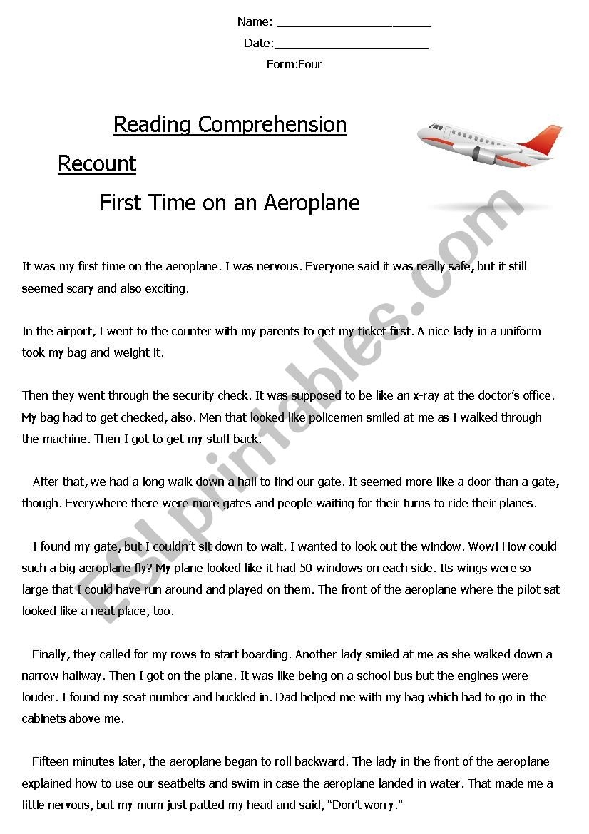 Reading Comprehension Recount First Time On An Aeroplane ESL Worksheet By Eldaowdy