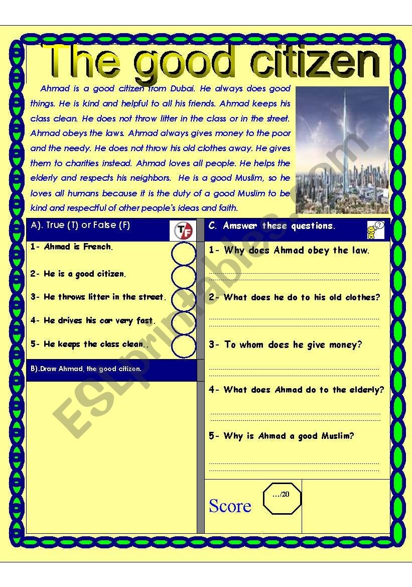 Reading Comprehension Test Being A Good Citizen Theme Citizenship And Civic Responsibilities ESL Worksheet By Shmiskeen
