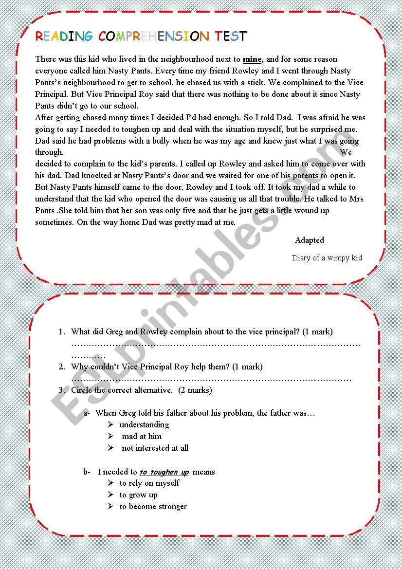Reading Comprehension Test On Bullying ESL Worksheet By Farah2011