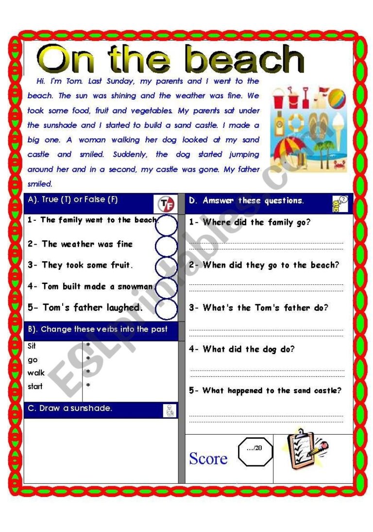 Reading Comprehension Test On The Beach ESL Worksheet By 