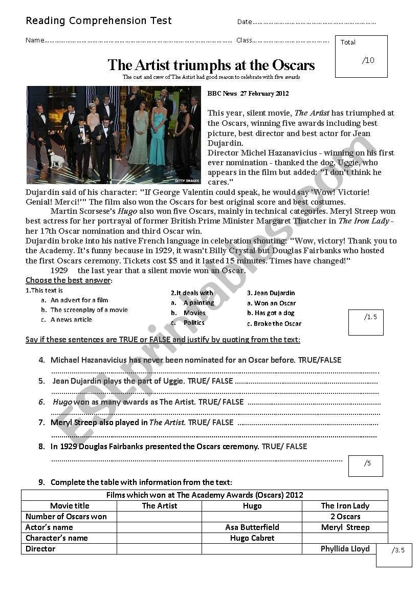 Reading Comprehension The Artist ESL Worksheet By Evinches