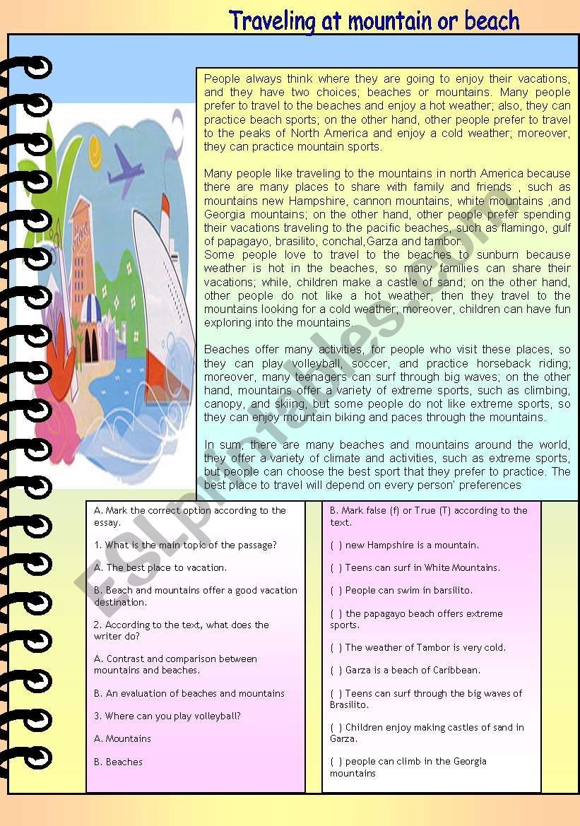 Esl Reading Comprehension Worksheets Travel