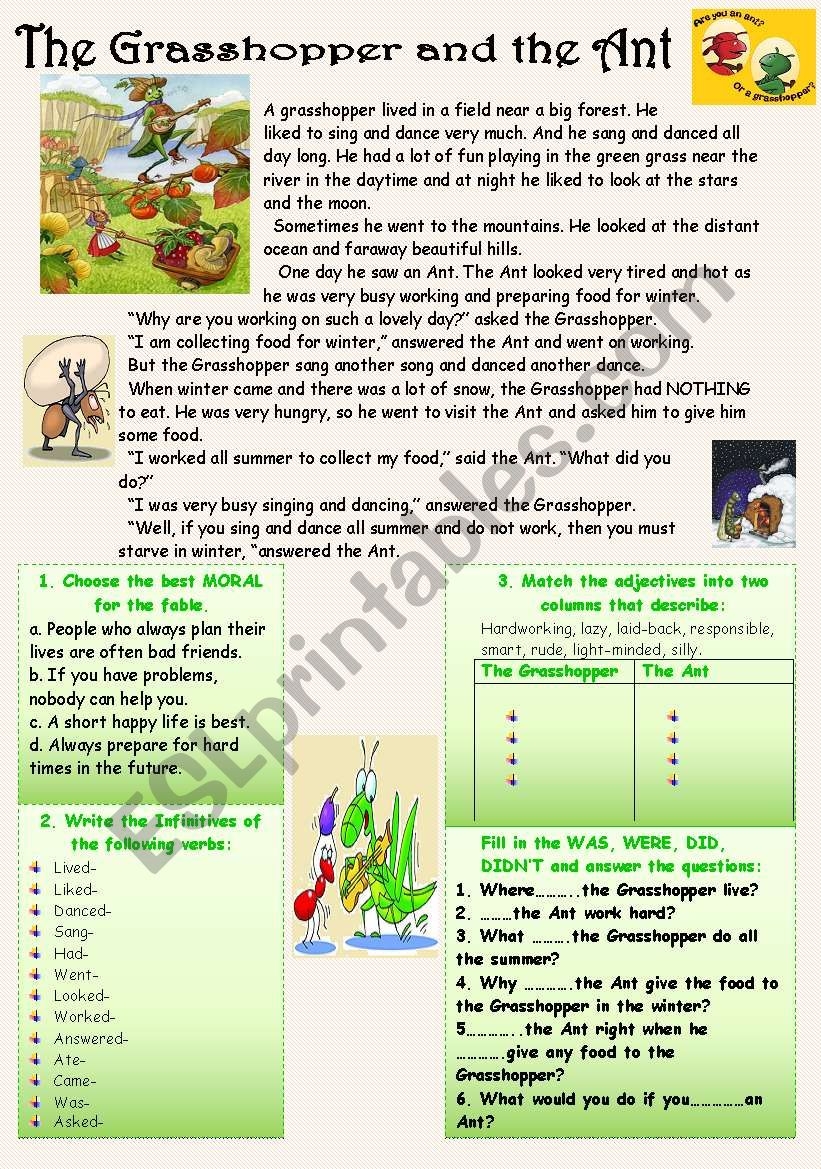 Reading comprehension With Moral THE GRASSHOPPER AND THE ANT ESL Worksheet By Nurikzhan