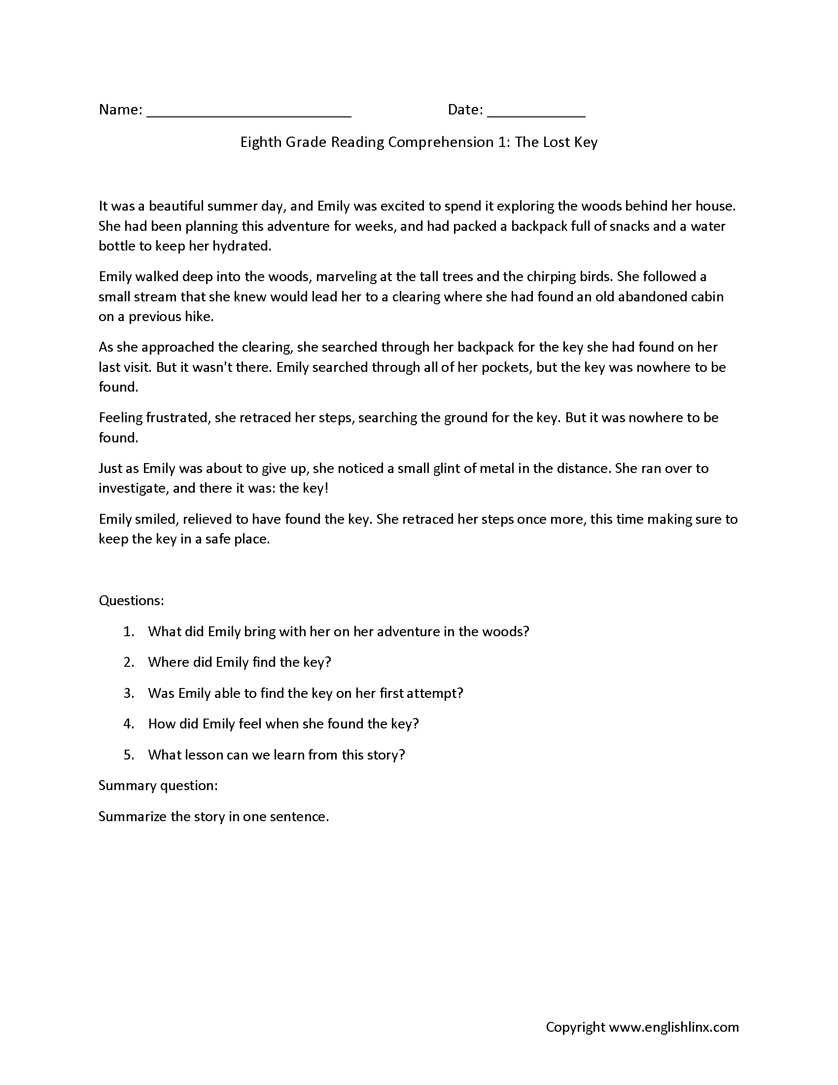 Grade 8 English Reading Comprehension Worksheets
