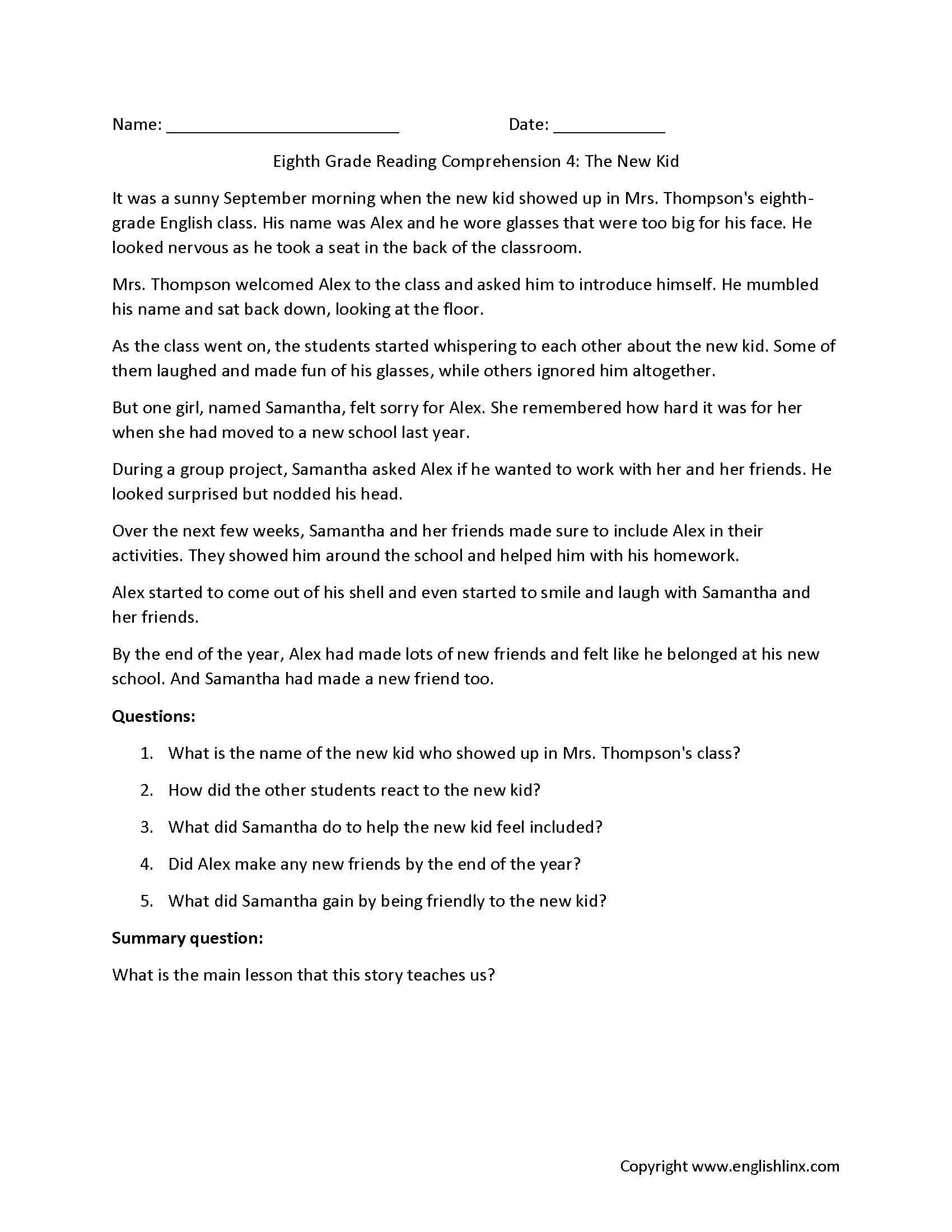 Reading Comprehension Worksheets Eighth Grade Reading 