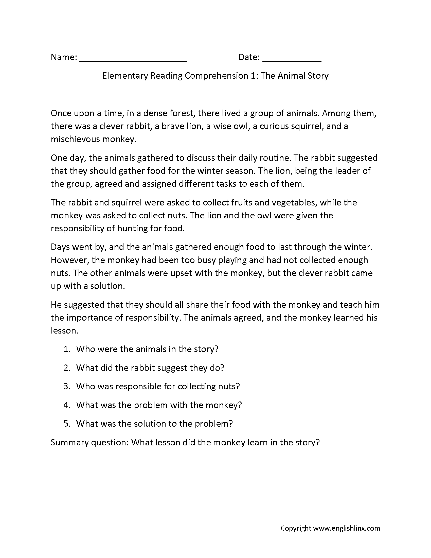 Elementary School Reading Comprehension Worksheets