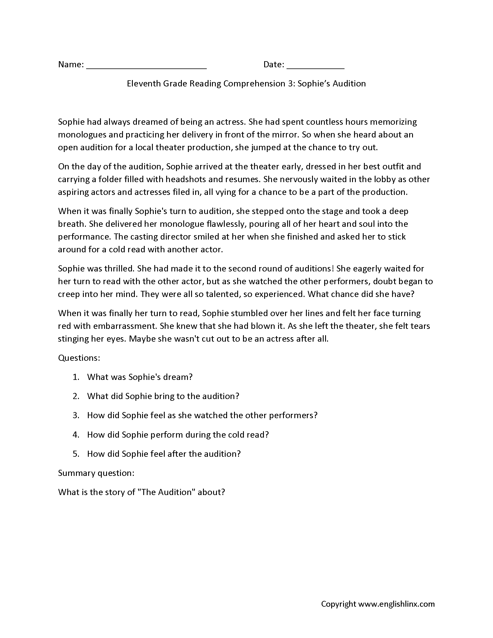 Reading Comprehension Worksheets Eleventh Grade Reading Comprehension Worksheets