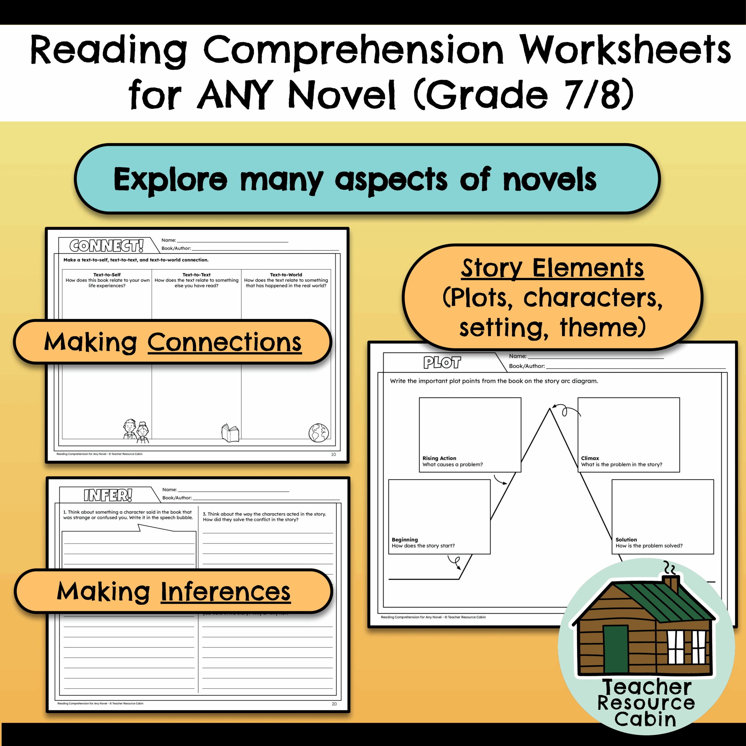 Reading Comprehension Worksheets For ANY Novel NO PREP Grade 7 8 Language Teacher Resource Cabin