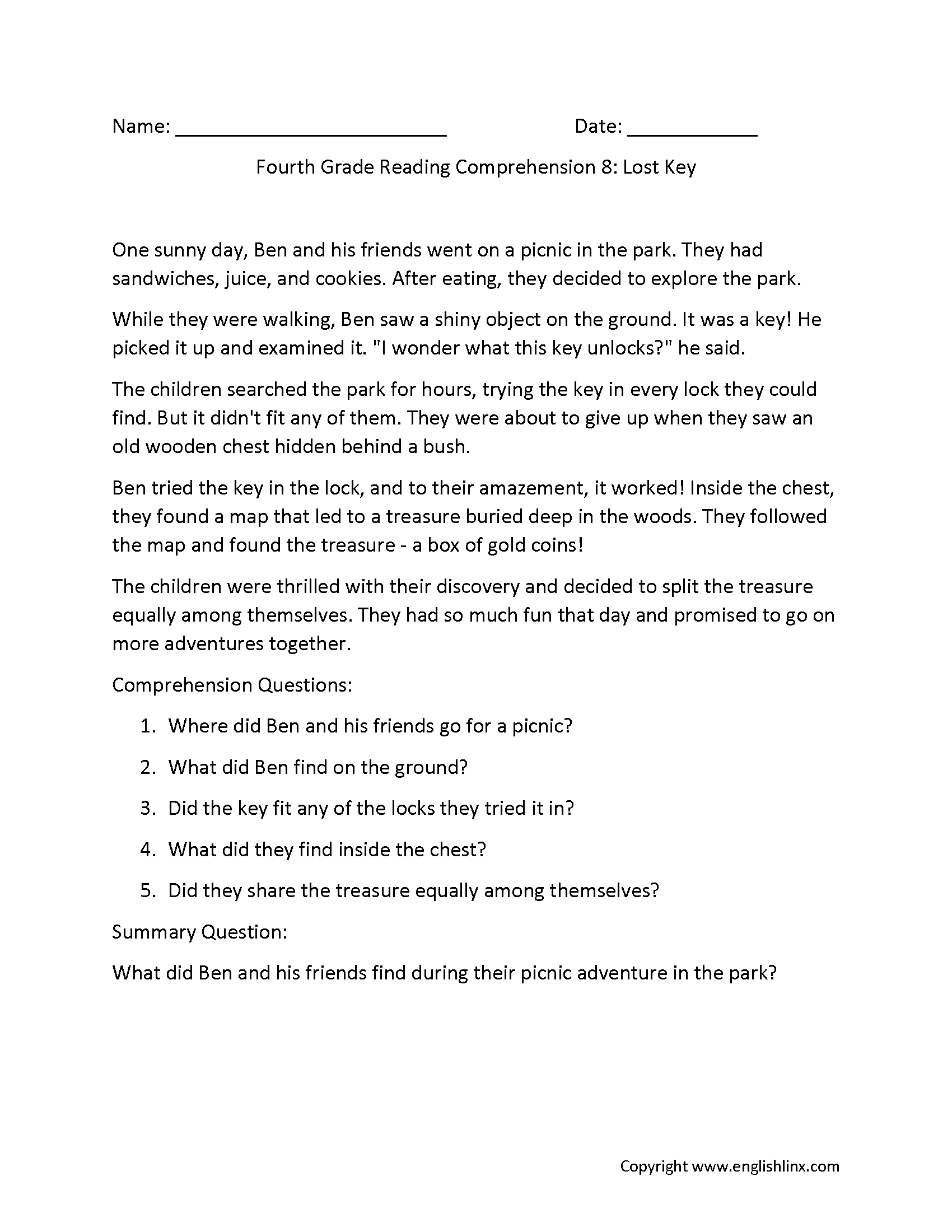 Reading Comprehension Worksheets Fourth Grade Reading 