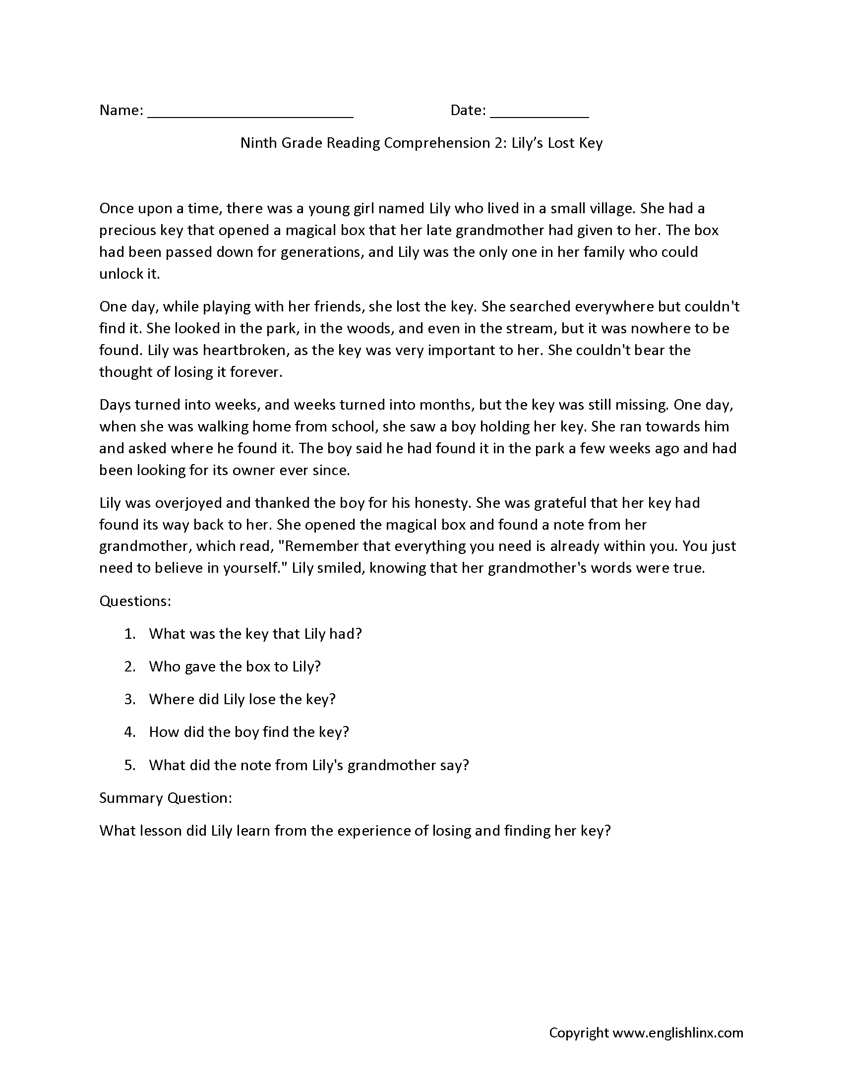 Reading Comprehension Worksheets Ninth Grade Reading Comprehension Worksheets