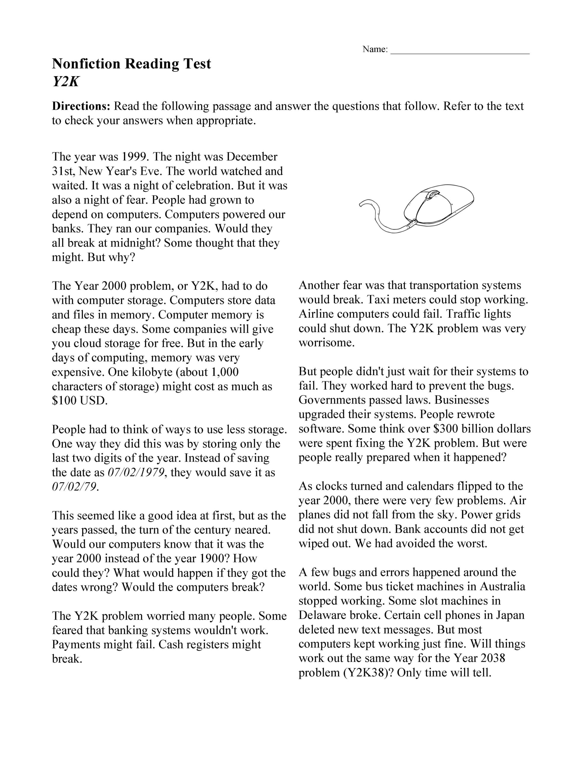 Free Reading Comprehension Worksheets Grade 12