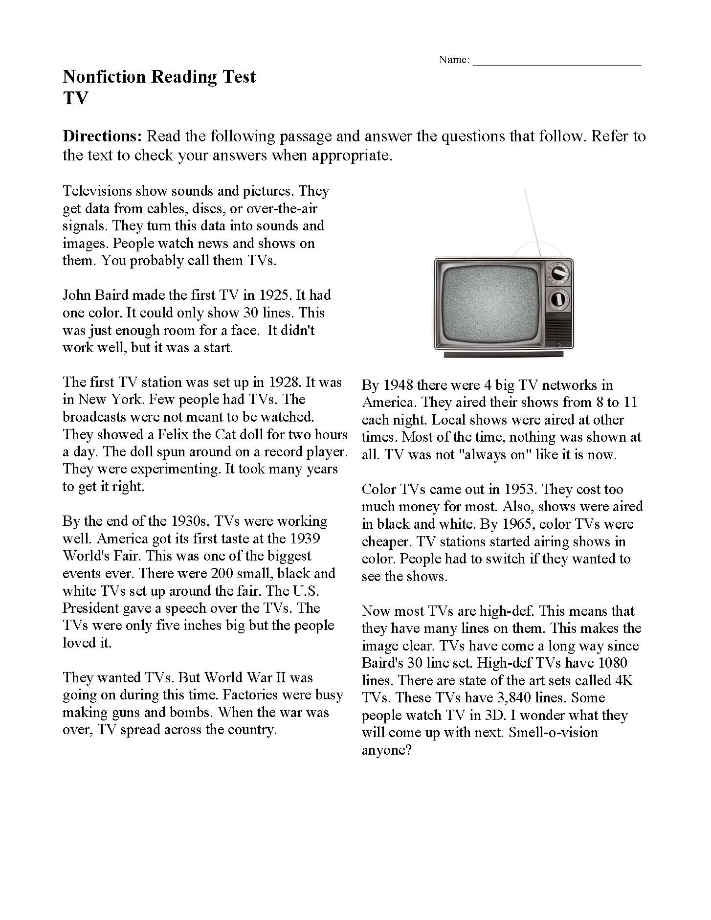 Free Wonder Reading Comprehension Worksheets