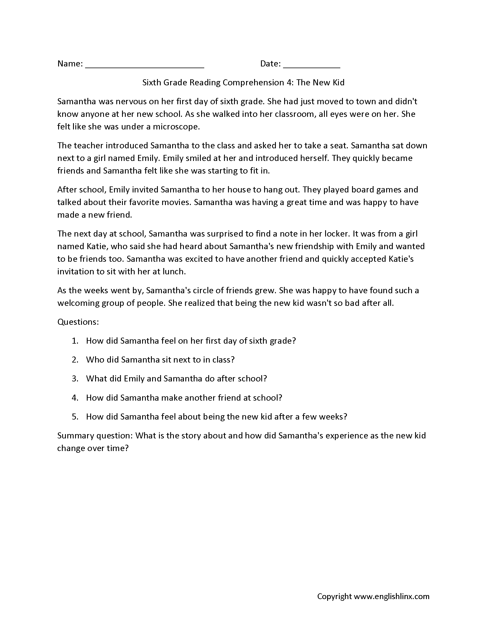 Reading Comprehension Worksheets Sixth Grade Reading 