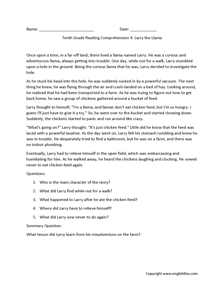 Reading Comprehension Worksheets Tenth Grade Reading 