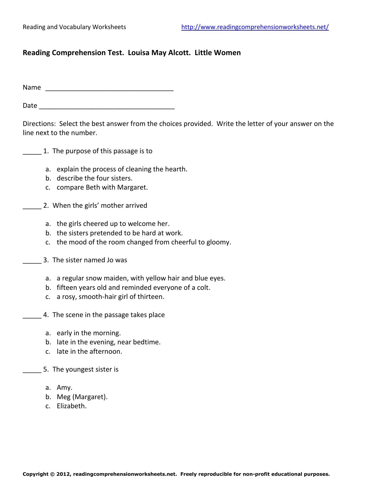 Free Reading Comprehension Multiple Choice Worksheets