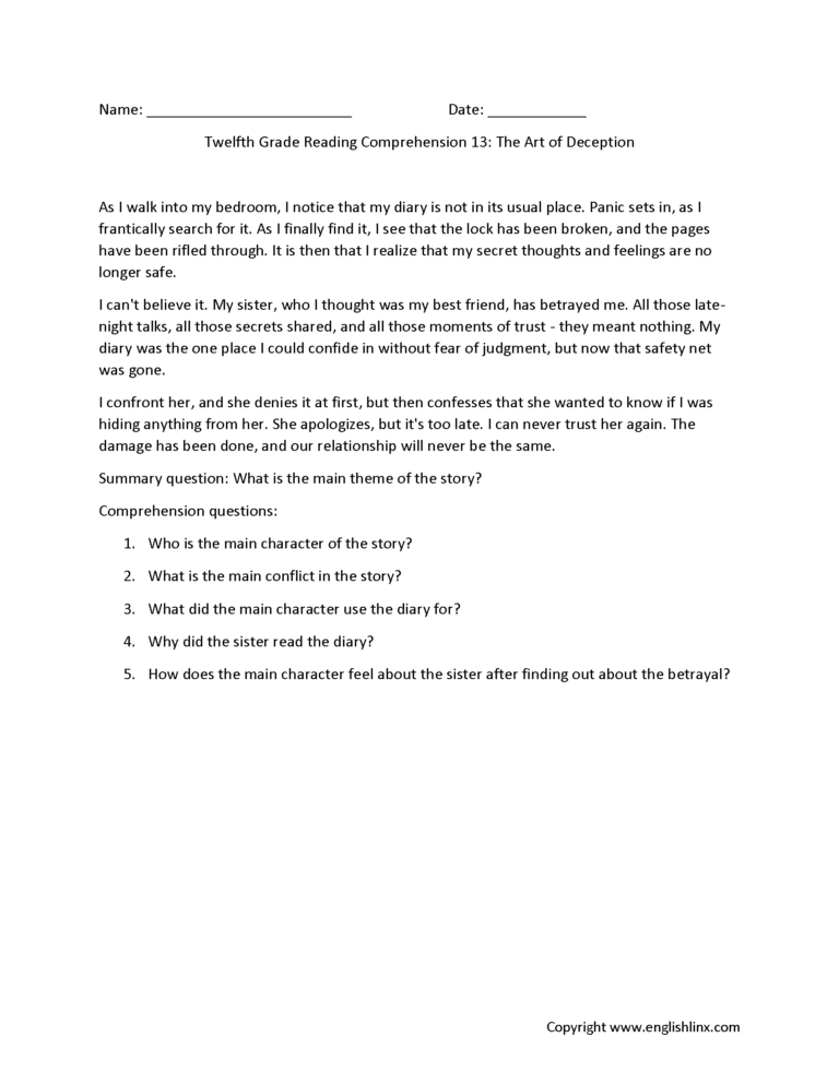 Reading Comprehension Worksheets Twelfth Grade Reading Comprehension Worksheets