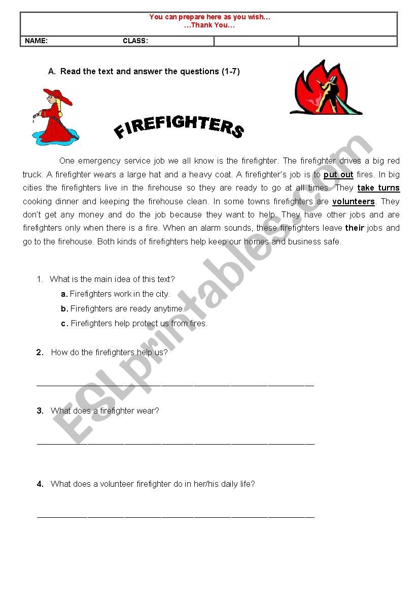 Reading Firefighters ESL Worksheet By Nightsilver
