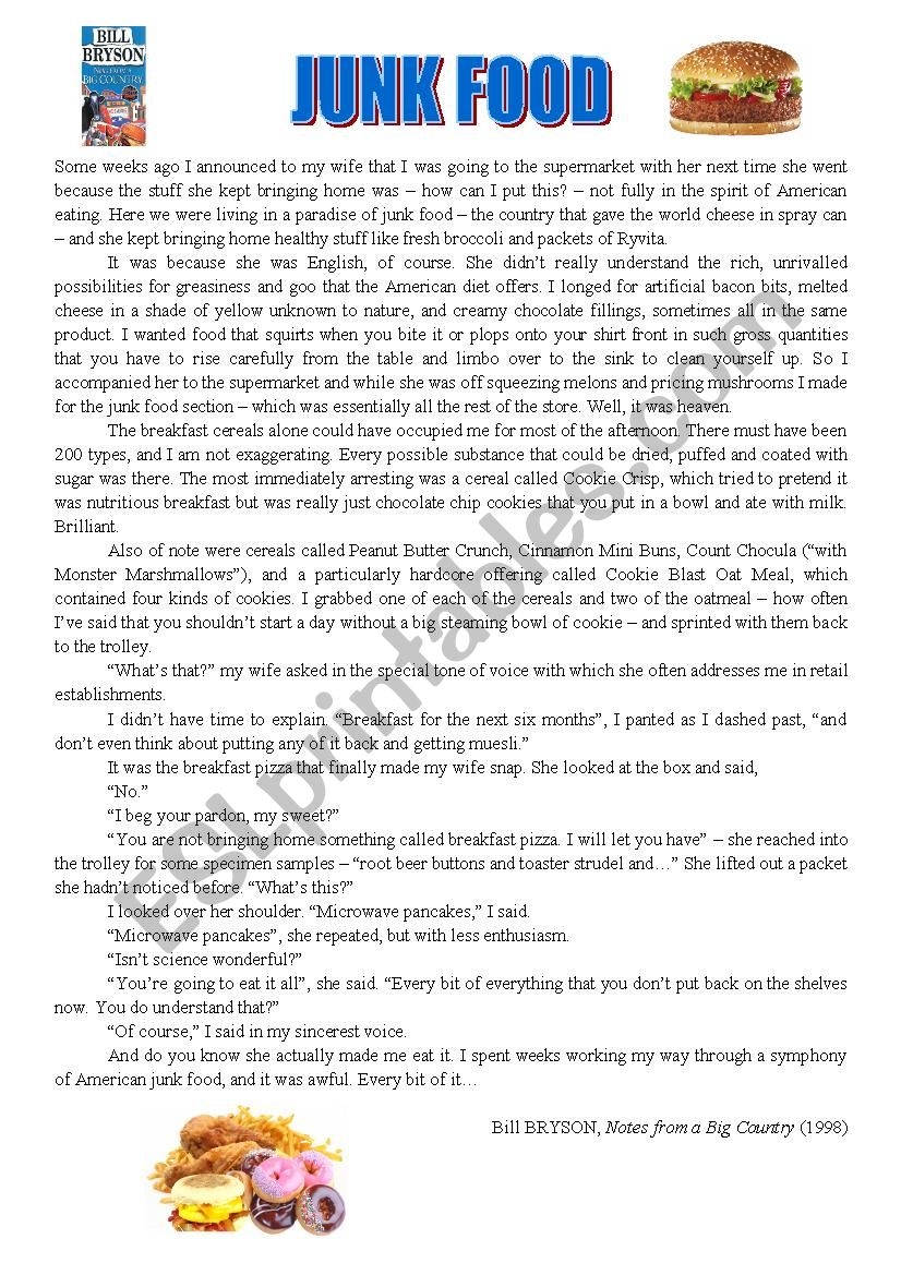 Reading Junk Food ESL Worksheet By Englishteacher60