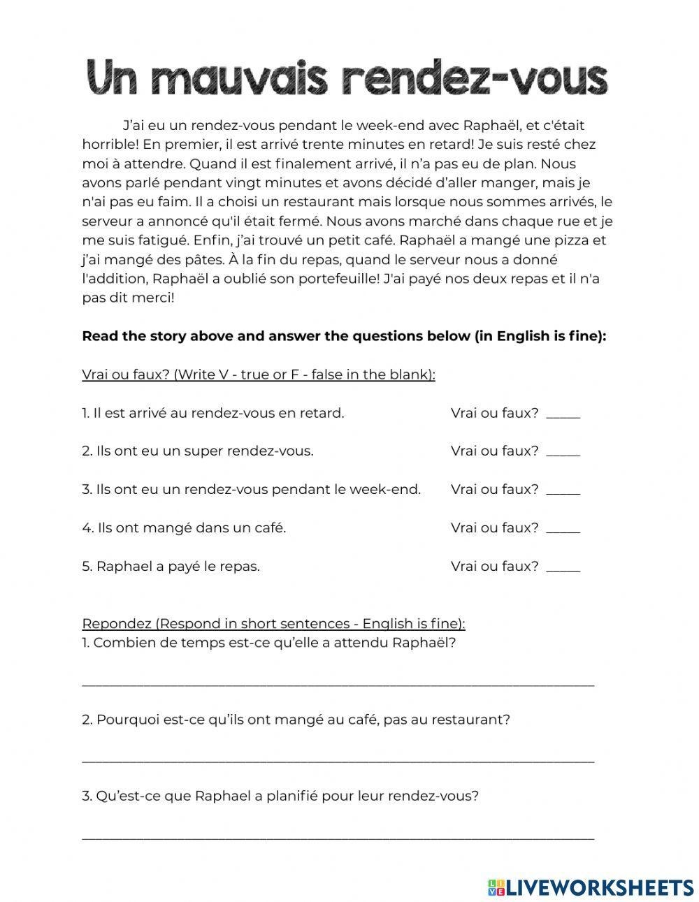 French Reading Comprehension Worksheets Grade 7