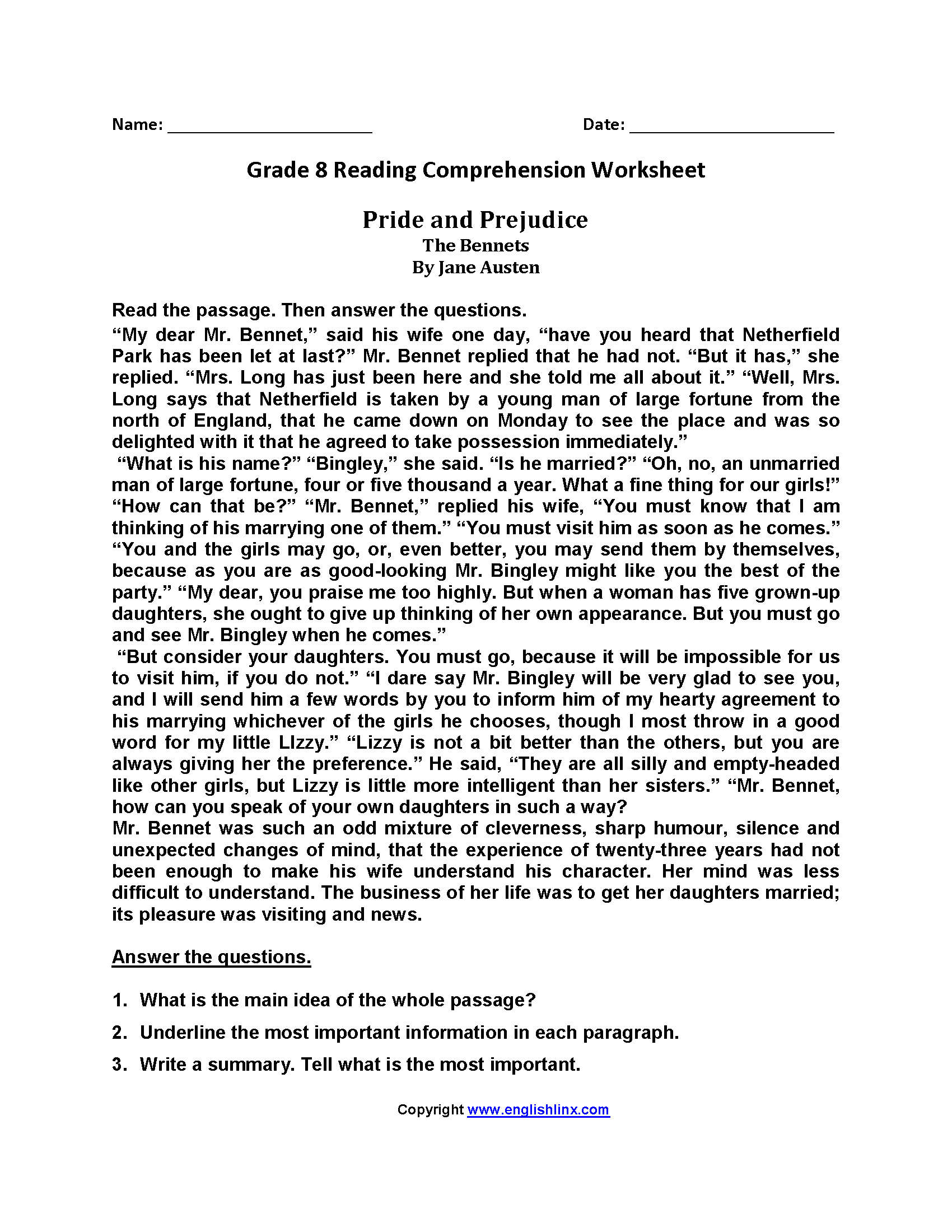 Reading Worksheets Eighth Grade Reading Worksheets