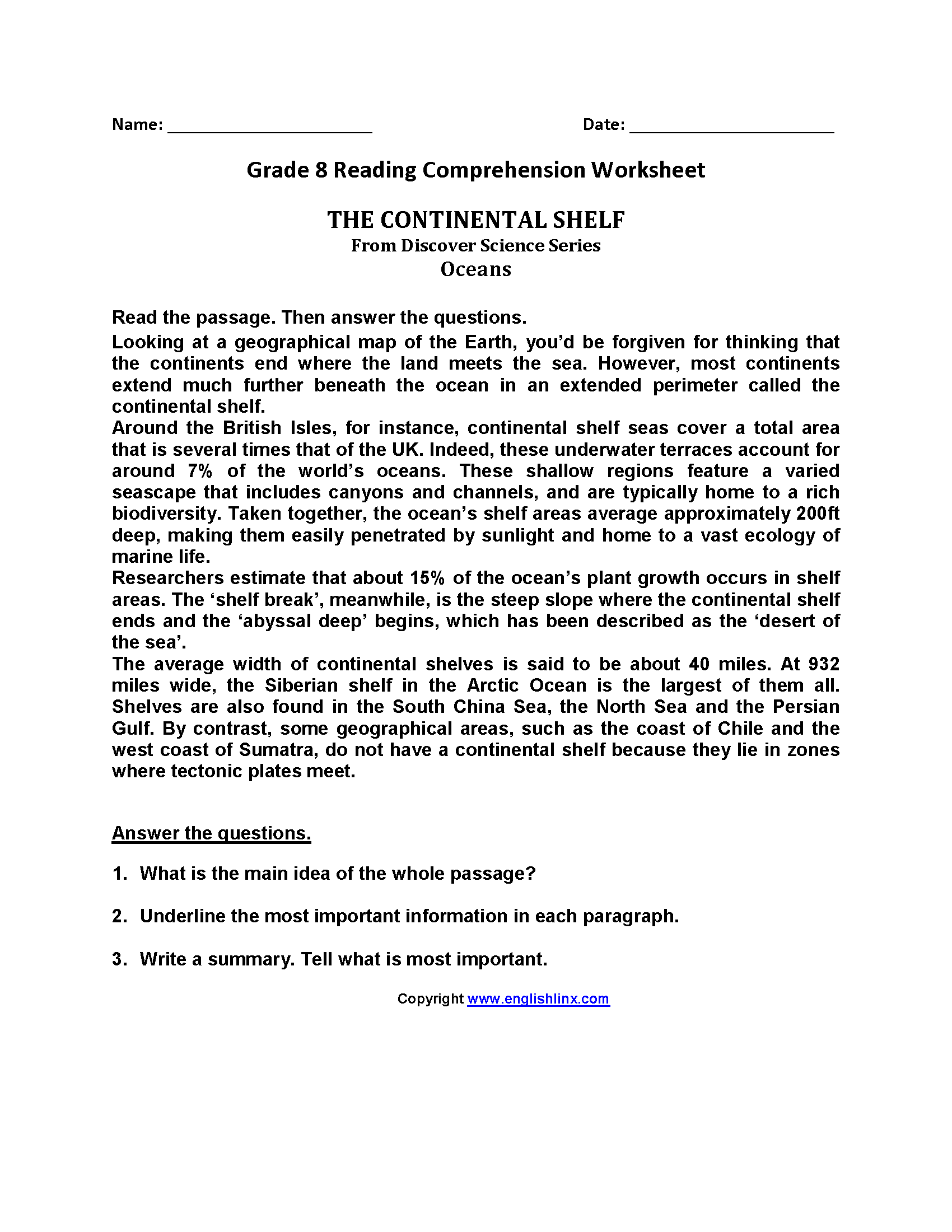 8th Grade Ela Reading Comprehension Worksheets