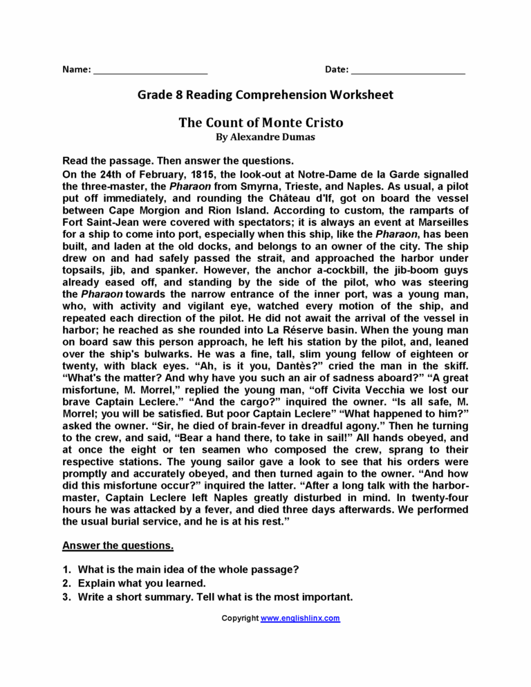 Reading Worksheets Eighth Grade Reading Worksheets