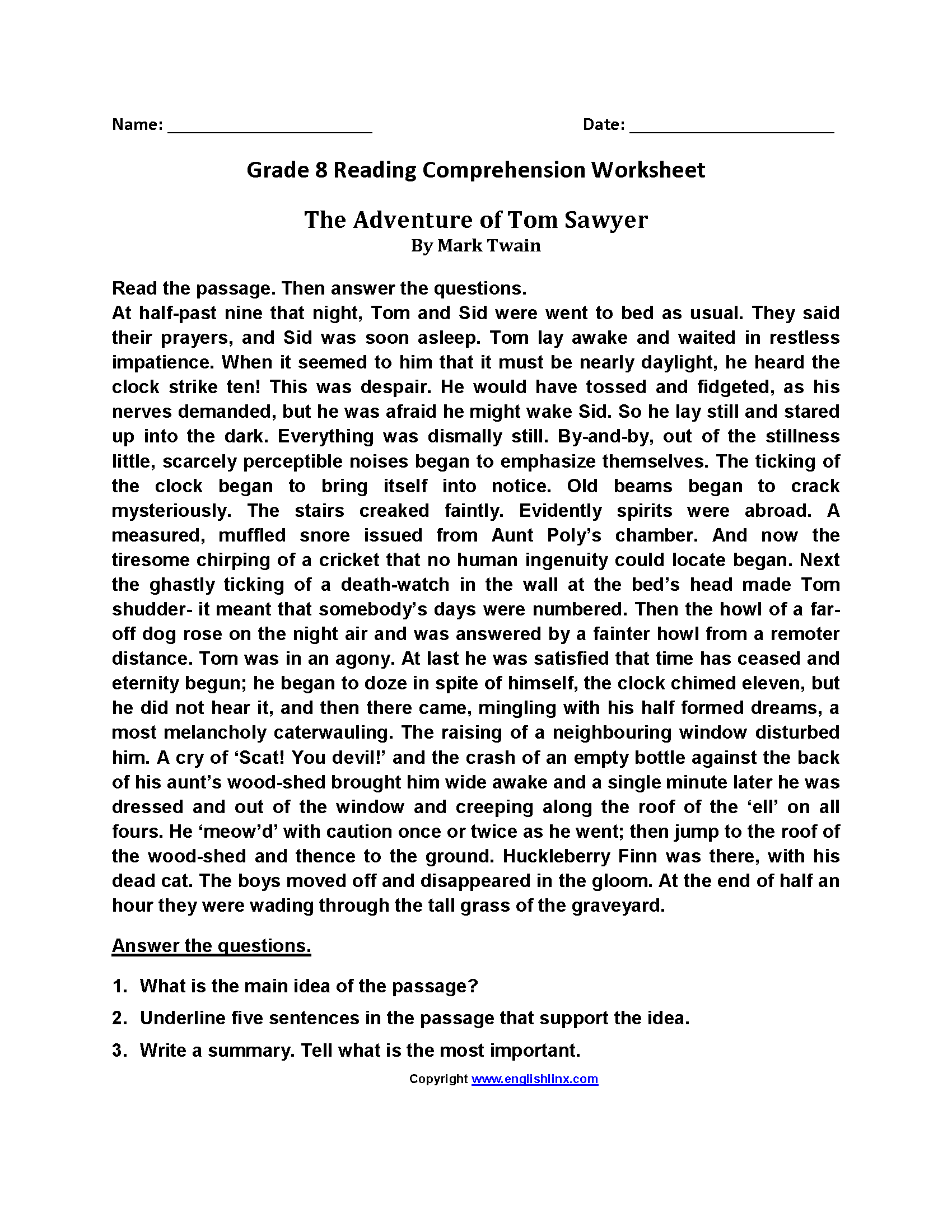 Reading Worksheets Eighth Grade Reading Worksheets