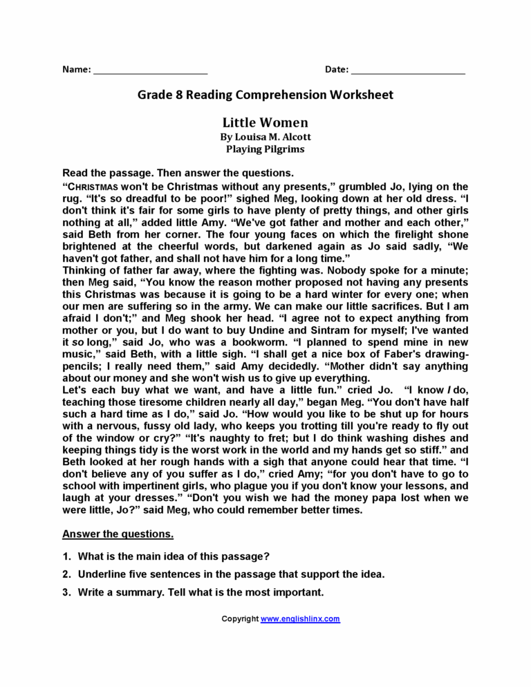 Reading Worksheets Eighth Grade Reading Worksheets