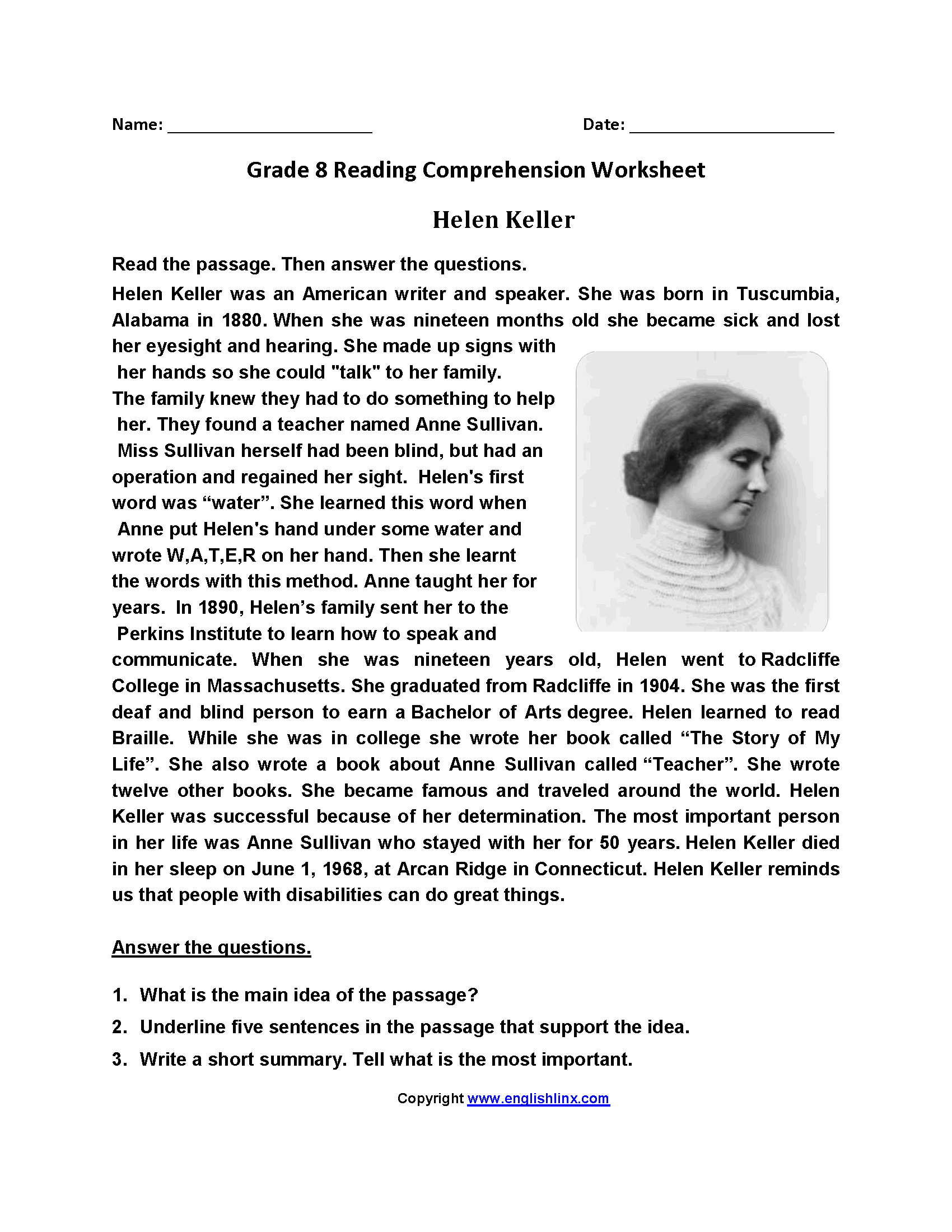 Reading Worksheets Eighth Grade Reading Worksheets