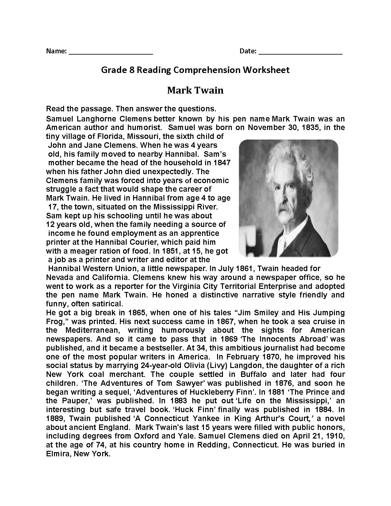 8th Grade Reading And Comprehension Worksheets