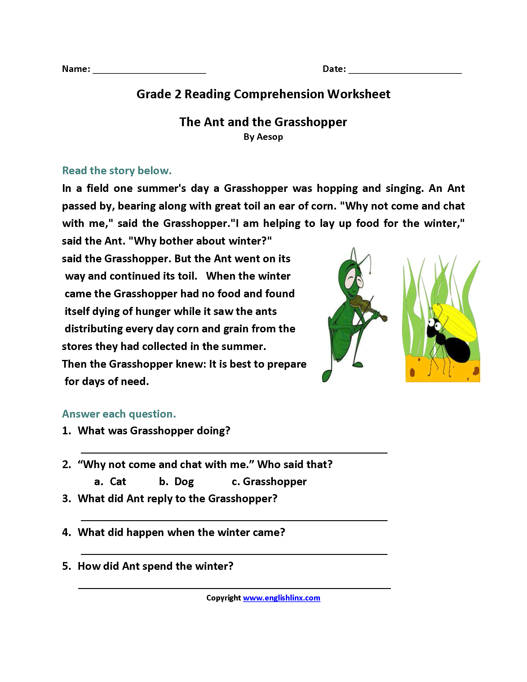 Grade 2 Reading Comprehension Worksheet