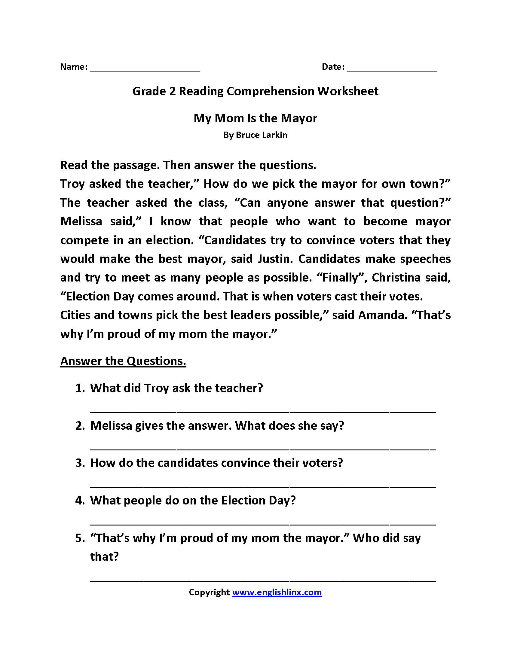 Grade 2 Reading Comprehension Worksheet Pdf