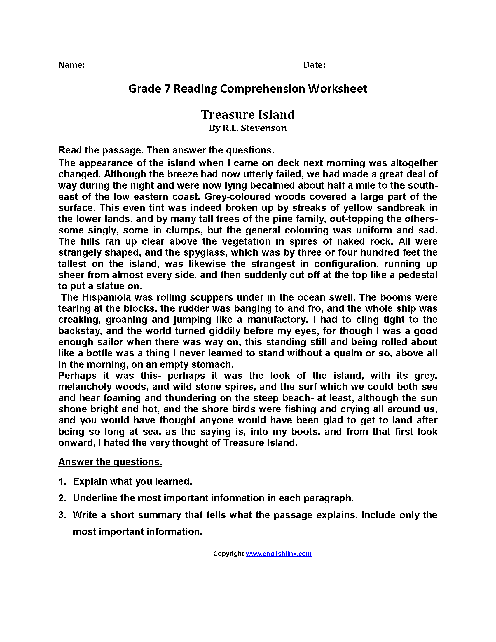 7th Grade History Reading Comprehension Worksheets