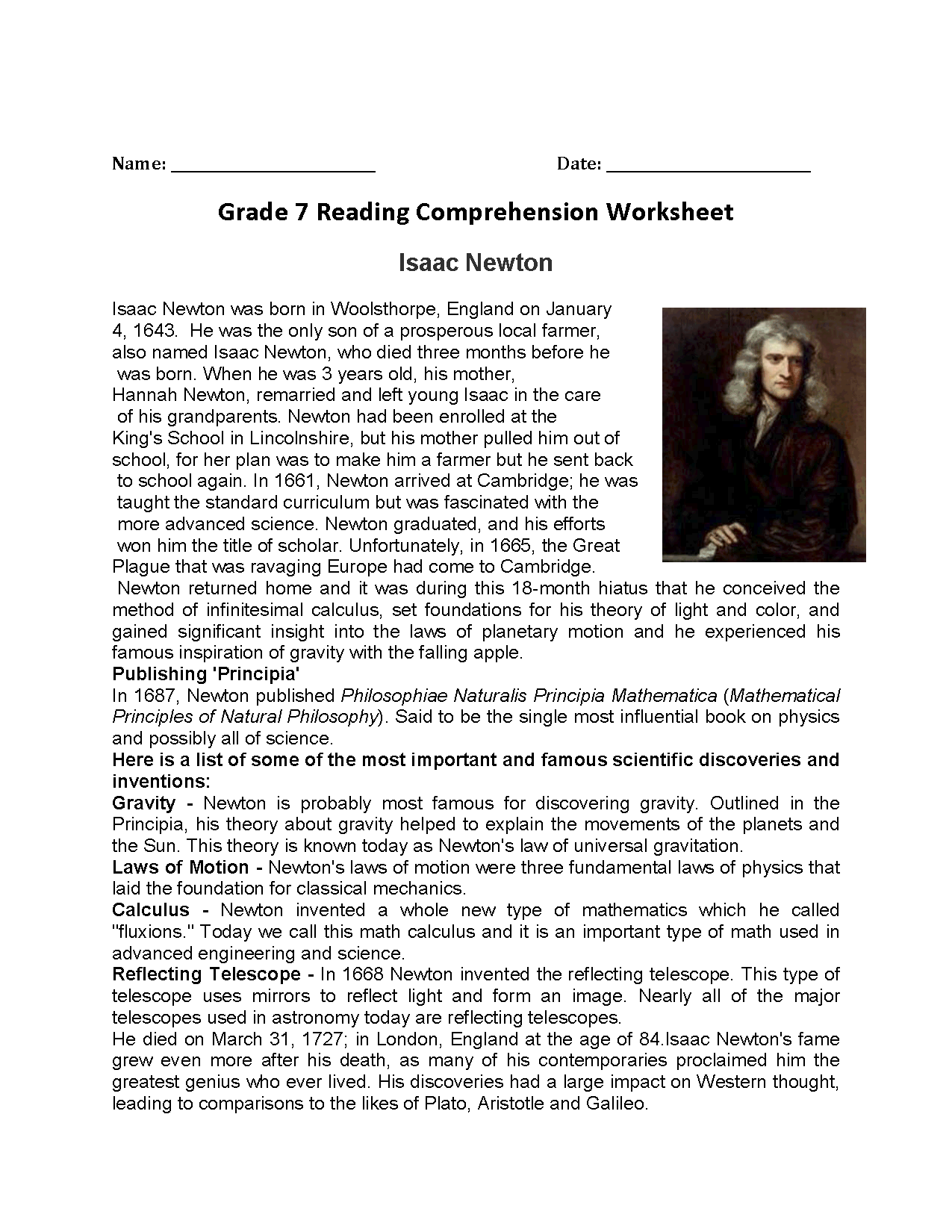 Free Seventh Grade Reading Comprehension Worksheets