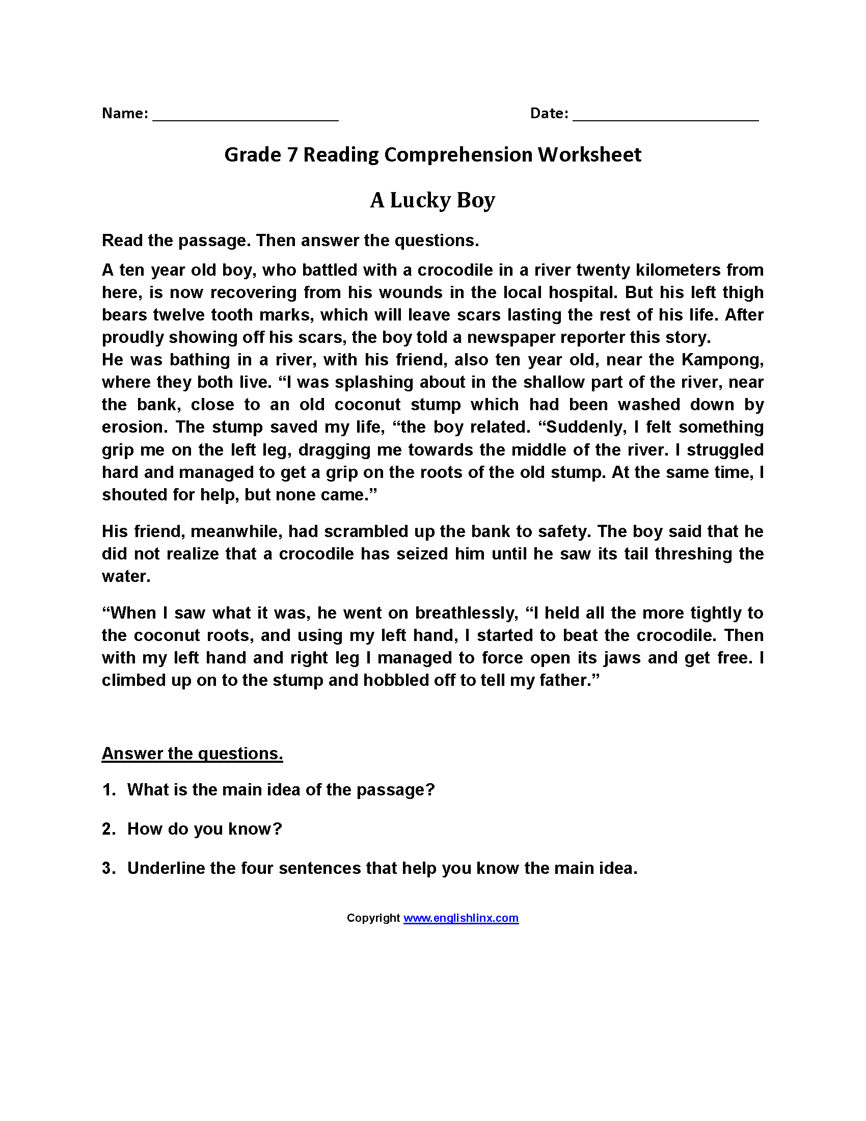 Grade 7 French Reading Comprehension Worksheets