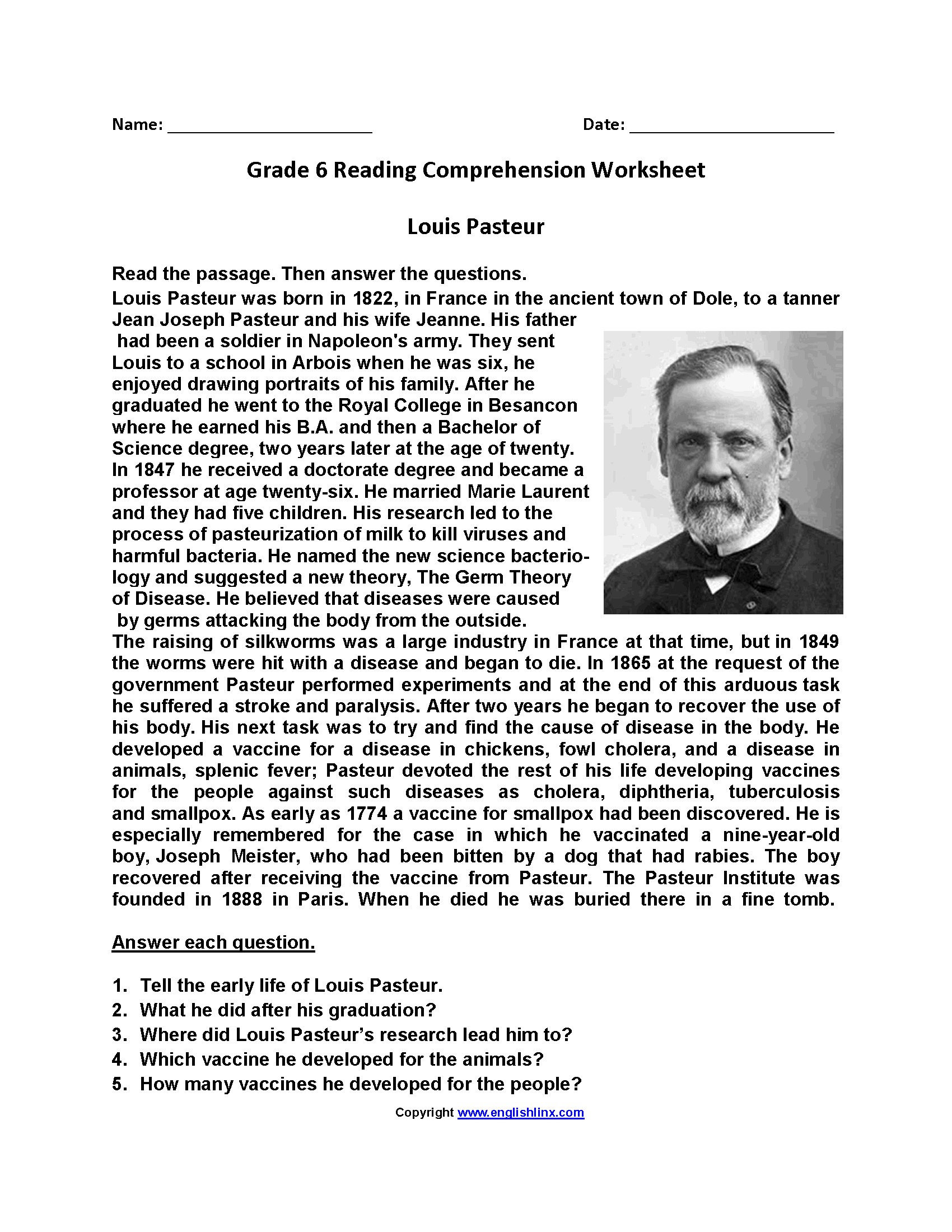 Free Worksheets Reading Comprehension Grade 6
