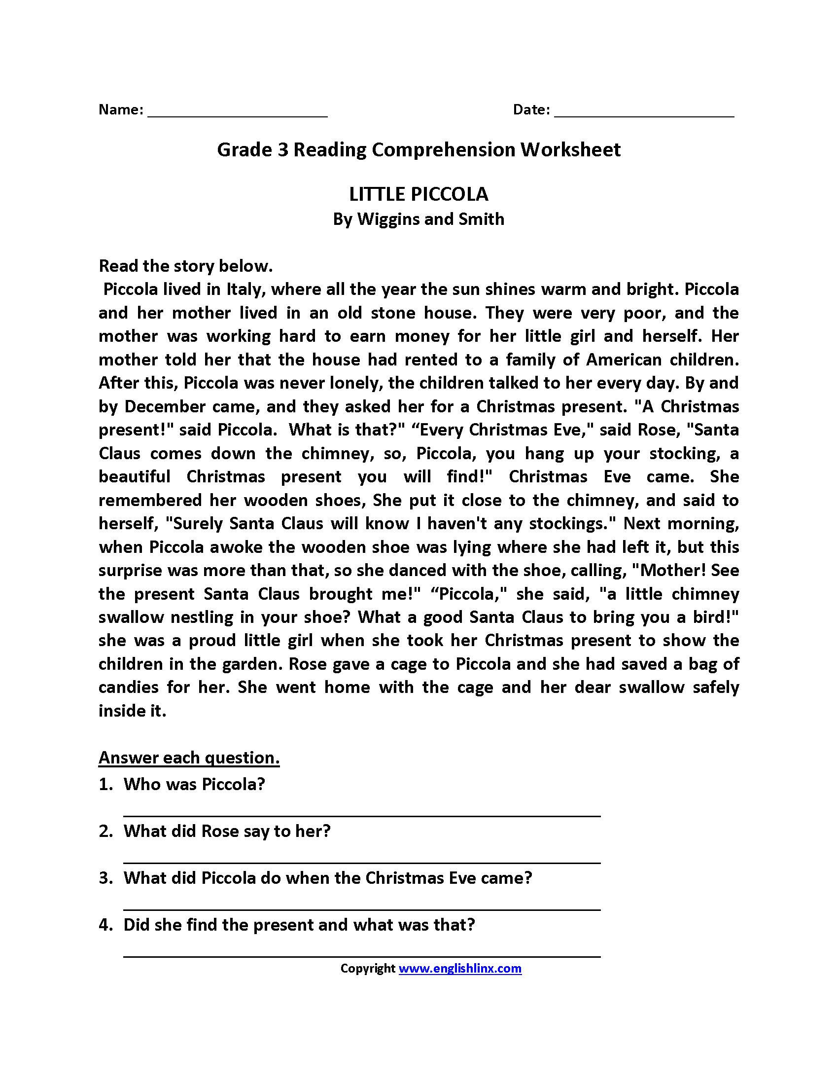 3rd Grade Reading Comprehension Worksheet Packet