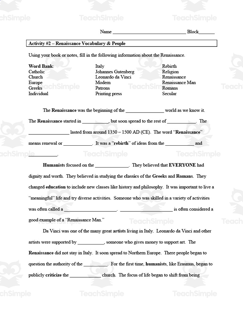 Renaissance Worksheets