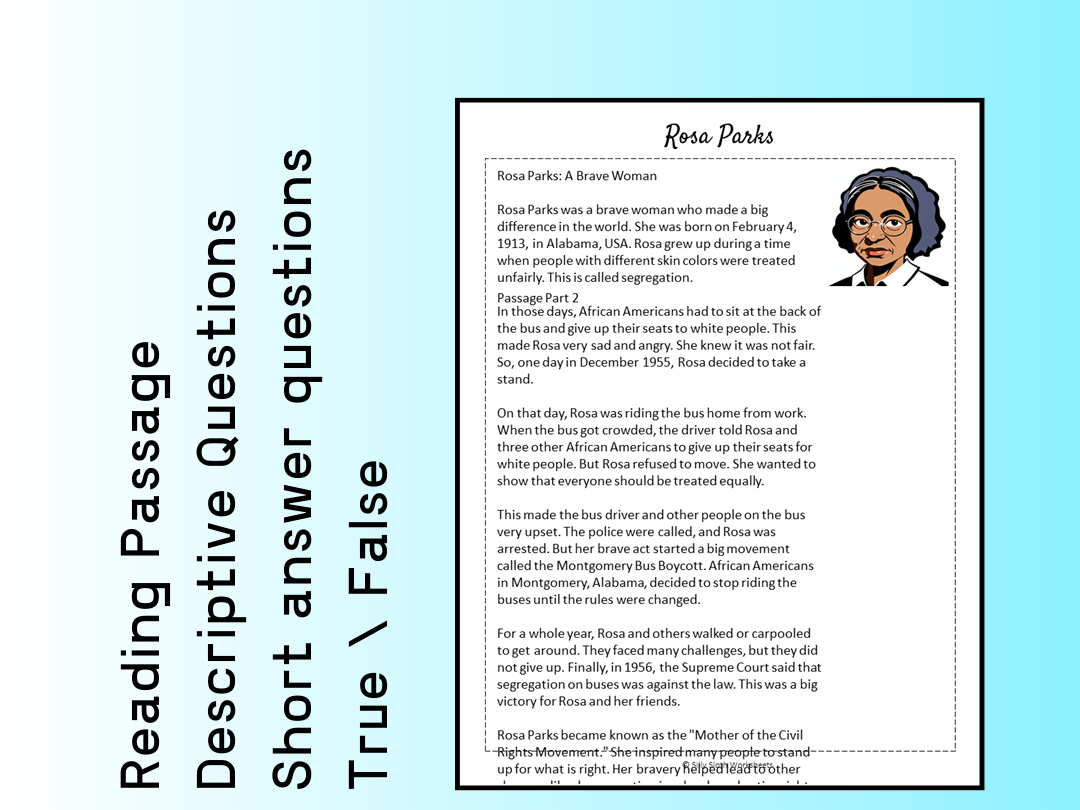 Rosa Parks Biography Reading Comprehension Passage Printable Worksheet PDF Teaching Resources