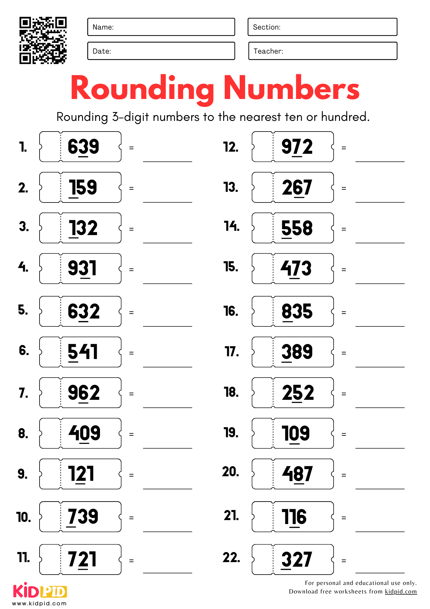 Rounding 3 Digit Numbers Worksheets For Grade 2 Kidpid